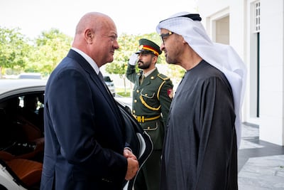 President Sheikh Mohamed greets Austrian Chancellor Christian Stocker before a meeting in Abu Dhabi on Friday. Photo: UAE Presidential Court