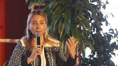 Ketevan Bochorishvili, Georgia’s vice minister of economy and sustainable development, speaks at yesterday’s Global Women in Leadership Economic Forum in Dubai. Ravindranath K / The National