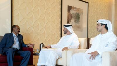 Sheikh Mohamed bin Zayed, Crown Prince of Abu Dhabi and Deputy Supreme Commander of the UAE Armed Forces, meets Isaias Afwerki, President of Eritrea. Seen with Sheikh Mansour bin Zayed, Deputy Prime Minister and Minister of Presidential Affairs. Mohamed Al Hammadi / Ministry of Presidential Affairs