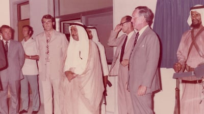 The Ruler of Sharjah, Sheikh Dr Sultan bin Muhammad Al Qasimi, opens Sharjah English School in 1975. David Eldon, one of the school's founders, is on the left. Photo: Sharjah English School