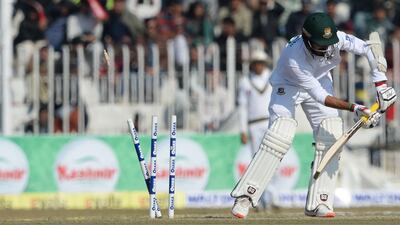 Bangladesh's Saif Hassan is bowled by Naseem Shah in Rawalpindi. AFP