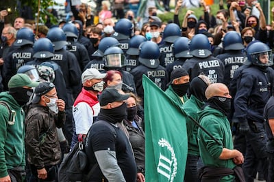 Supporters of far-right group Third Way march through Berlin on the 30th anniversary of German reunification. Getty