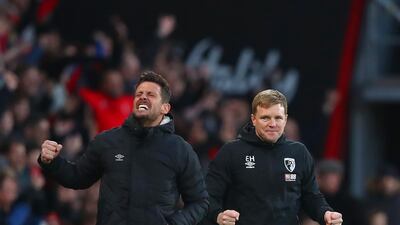 Eddie Howe, right, celebrates after Bournemouth's win over Aston Villa last week. Getty
