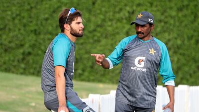 Shaheen Afridi takes a break from bowling during a nets session in Dubai.