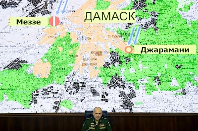 Col Gen Sergei Rudskoi of the military's General Staff speaks during a briefing at the Russian Defense Ministry in Moscow, Russia, on Saturday, April 14, 2018. Rudskoi says Saturday's strike hasn't caused any casualties and Syrian military facilities targeted by the US, Britain and France have suffered only minor damage. Pavel Golovkin / AP Photo