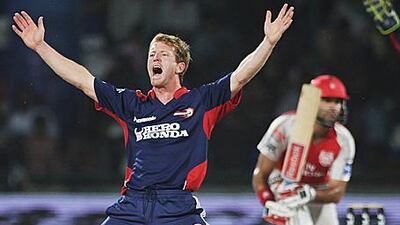 Delhi's Paul Collingwood appeals unsuccessfully for the wicket of Yuvraj Singh.