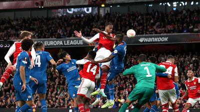 Arsenal's Gabriel leaps for a header. AP