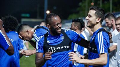 Jires Kembo Ekoko, centre, has been part of a struggling Al Nasr team this season but is confident the team's fortunes will turn around soon. Victor Besa / The National