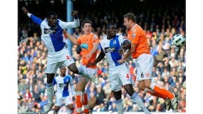 Blackburn's Mame Biram Diouf, left, heads the ball toward the Blackpool goal. Michael Regan / Getty Images