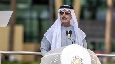 Sheikh Nahyan bin Mubarak, Minister of Tolerance and Co-existence, welcomes Sweden’s king Carl XVI Gustaf to Al Wasl dome.