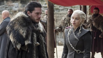 Kit Harington, left, and Emilia Clarke on the season finale of 'Game of Thrones'. Macall B. Polay / HBO via AP