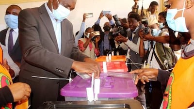 The United Party for National Development's presidential candidate, Hakainde Hichilema, casts his vote in Zambia's general elections in Lusaka.