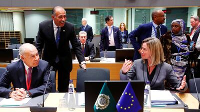 Arab League secretary-general Ahmed Abul Gheit and EU foreign policy chief Federica Mogherini at a joint meeting in Brussels. REUTERS