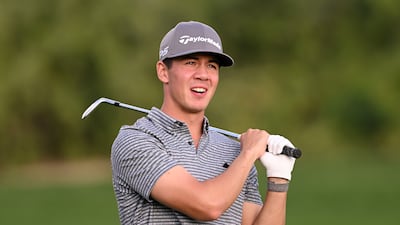 Amateur Michael Thorbjornsen after his second shot on the 9th hole during the second round of the Hero Dubai Desert Classic at Emirates Golf Club on January 28, 2023 in Dubai. Getty