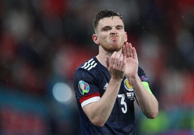 Scotland's Andrew Robertson applauds fans after a hard-fought draw with England at Wembley. Reuters