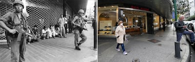 Left, Israeli soldiers in Hamra, a main shopping area in western Beirut, in 1982; right, a woman passes the area in January 2022. AP