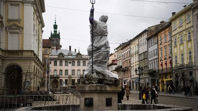 A statue wrapped up for protection in the Ukrainian city of Lviv. AFP