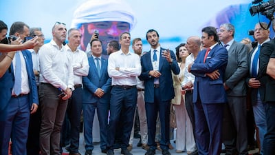 Minister of Economy Abdulla Bin Touq talks with Greek Prime Minister Kyriakos Mitsotakis at the Thessaloniki International Fair. Photo: UAE Ministry of Economy