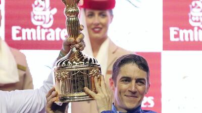 Christophe Soumillon after winning the Dubai World Cup on Thunder Snow. Chris Whiteoak / The National