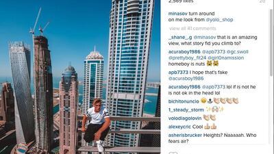 Egor Minasov posted this image of himself atop a Dubai skyscraper onto his Instagram account. Courtesy Egor Minasov