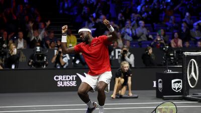 Frances Tiafoe begins to celebrate after beating Stefanos Tsitsipas at the Laver Cup. Getty