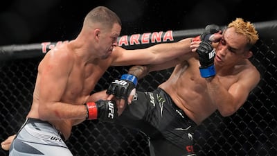 Nate Diaz fights Tony Ferguson in a welterweight bout at UFC 279 in Las Vegas. AP