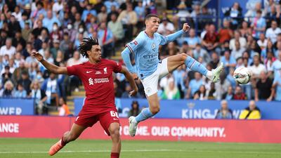 Phil Foden of Manchester City battles with Trent Alexander-Arnold of Liverpool during the FA Community Shield at The King Power Stadium in Leicester on July 30, 2022. Getty