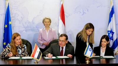 European Commission President Ursula Von Der Leyen looks on as, from left, EU Energy Commissioner Kadri Simson, Egyptian Minister of Petroleum Tarek El Molla and Israeli Energy Minister Karine Elharrar sign an agreement to increase LNG sales to EU. Reuters