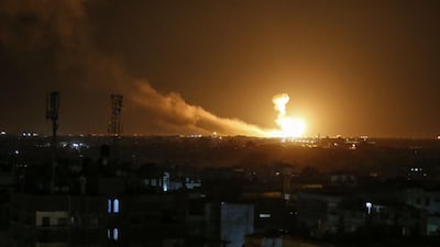A ball of fire is seen following an Israel airstrike at Rafah in the southern Gaza Strip. AFP
