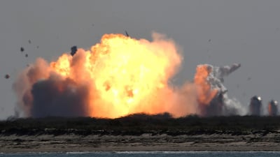 The SpaceX Starship SN9 explodes into a fireball after its high altitude test flight from test facilities in Boca Chica, Texas, U.S. February 2, 2021. Reuters
