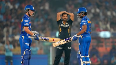 Mumbai Indians' Dewald Brevis, left, and teammate Tilak Varma were well set before their innings derailed. AP