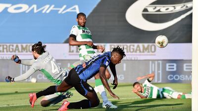 Atalanta's Duvan Zapata scores his side's second goal in their 4-1 Serie A win over Sassuolo at the Gewiss Stadium in Bergamo, on Sunday, June 21. AP