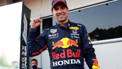 Red Bull's Sergio Perez celebrates after winning in Baku. Reuters
