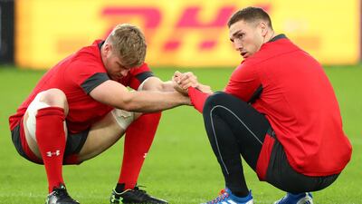Wales players George North (r) and Aaron Wainwright prepare for the World Cup semi-final against South Africa. Getty