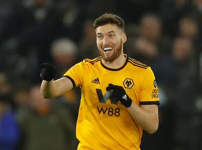 Wolverhampton Wanderers' Matt Doherty celebrates scoring their first goal against Shrewsbury Town. Reuters