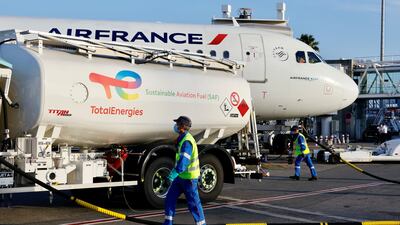 An Air France aircraft, operated with SAF produced by TotalEnergies, being refuelled before a flight from Nice to Paris. Reuters