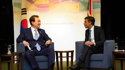 Yoon Suk Yeol, President of South Korea, left, and British Prime Minister Rishi Sunak during their meeting at the G7 Summit in Hiroshima, Japan. AP