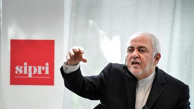 Iran's Foreign Minister Javad Zarif gives a lecture at the Stockholm International Peace Research Institute in Stockholm, Sweden. AP