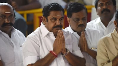 AIADMK party leader Edappadi Palanisamy pays his respects at the memorial for former state chief minister Jayalalithaa Jayaram after being sworn in as the chief minister of the state of Tamil Nadu in Chennai. Indian legislators came to blows February 18, ripping out microphones and breaking chairs as the new leader of Tamil Nadu state sought to win a vote of confidence in the regional assembly. AFP / ARUN SANKAR