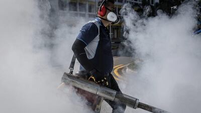 A pest control worker fumigates the grounds of a apartment block in Singapore. Ulet Ifansasti / Getty Images