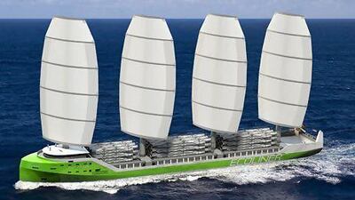A rendering of the Ecoliner, a concept for a modern cargo sailing ship being developed by the Dutch firm Dykstra. Courtesy of Dykstra Naval Architects