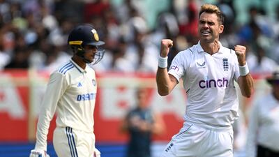 England bowler James Anderson celebrates after the dismissal of India's Shubman Gill for 34. AFP