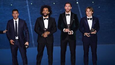 (From left) Belgium and Real Madrid forward, Eden Hazard, Brazilian and Real Madrid defender Marcelo, Spain and Real Madrid's Sergio Ramos and Real Madrid and Croatia midfielder Luka Modric. AFP