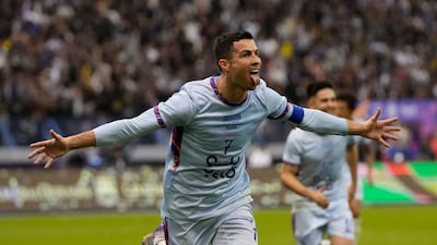 Cristiano Ronaldo celebrates after scoring the second goal for Riyadh All-Stars against PSG at the King Fahd University Stadium in Riyadh, Saudi Arabia, on January 19, 2023. AP