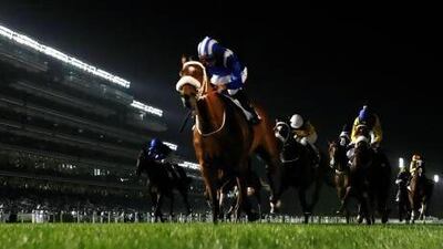 Paul Hanagan rode Mushreq, centre, to victory in the US$250,000 Al Fahidi Fort race at Meydan Racecourse, giving trainer Mike de Kock a 1-2 finish in the race and a second win on the night.