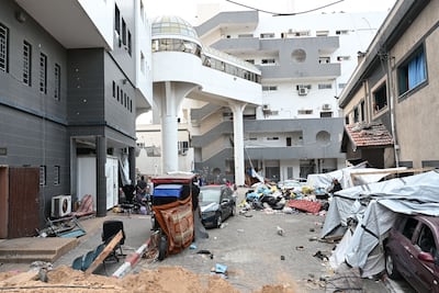 Palestinians gather outside one of the departments in Al Shifa Hospital in Gaza city, photographed during an Israeli army tour. AFP