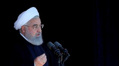 A handout photo made available by the Presidential office shows, Iranian President Hassan Rouhani speaks to the crowd in the city of Sabzevarr, northwestern Iran, 06 May 2018. Iran Presidential Office / EPA