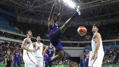 United States’ DeAndre Jordan, centre, scores against Spain during a men’s semi-final round basketball game at the 2016 Summer Olympics in Rio de Janeiro, Brazil, Friday, August 19, 2016. Eric Gay / AP Photo