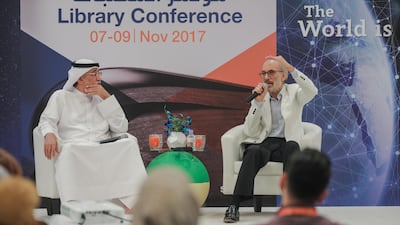 Ghassan Massoud, right, in conversation with Emirati actor Ahmed Al Jasmi, says world-class Arabic film is possible when the arts are given their proper place. Courtesy Sharjah International Book Fair.