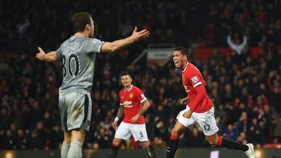 Chris Smalling of Manchester United celebrates scoring his second goal during their 3-1 Premier League win over Burnley at Old Trafford on Wednesday night. Michael Regan / Getty Images
